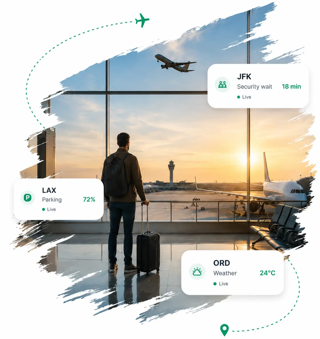 Traveler at an airport window with live airport data