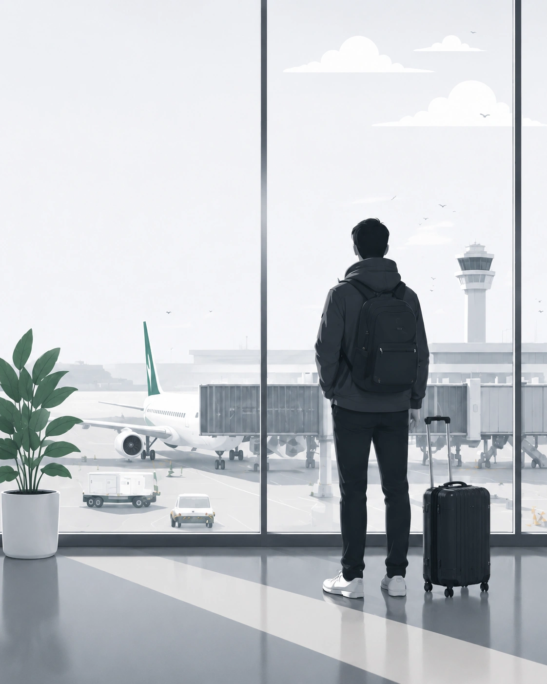 Traveler watching planes from a terminal window