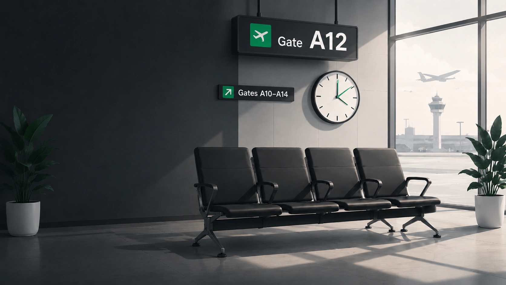 Empty departure gate with a clock