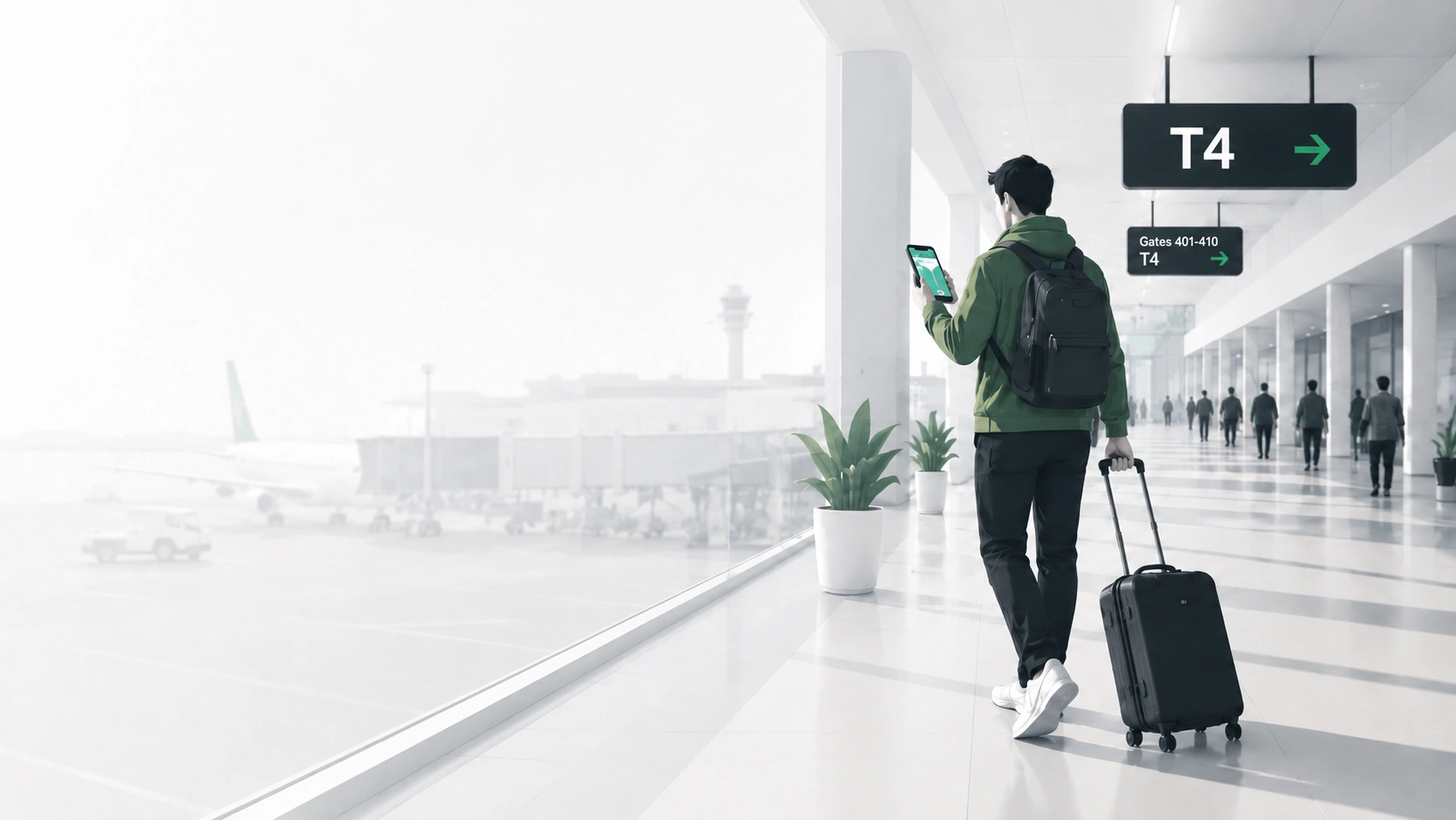 Traveler walking to the gate checking their phone